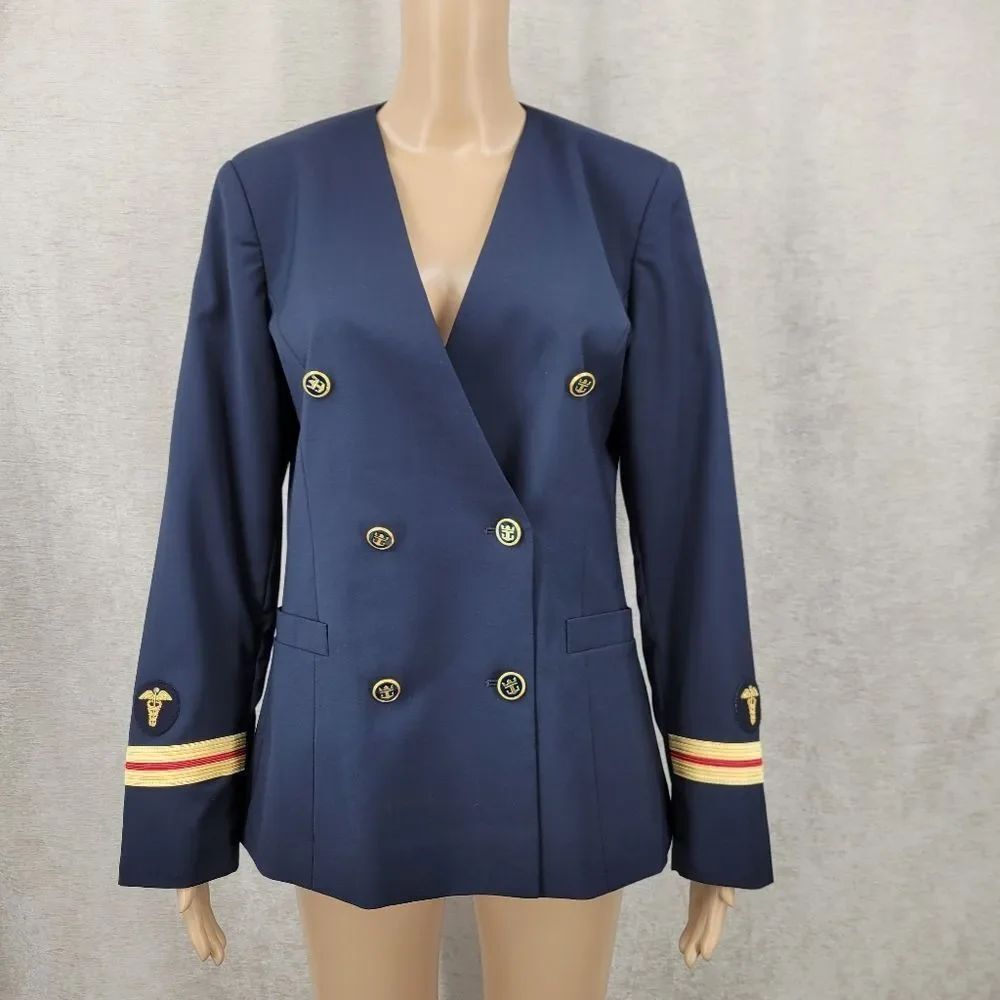 Navy Double-Breasted Women's Blazer Jacket Gold Accents Military Inspired
